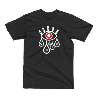 Black t-shirt with red Eyeconic Timepiece print