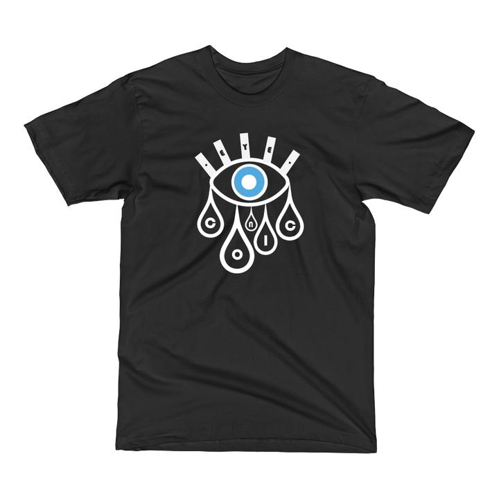 Black t-shirt with blue Eyeconic Timepiece print
