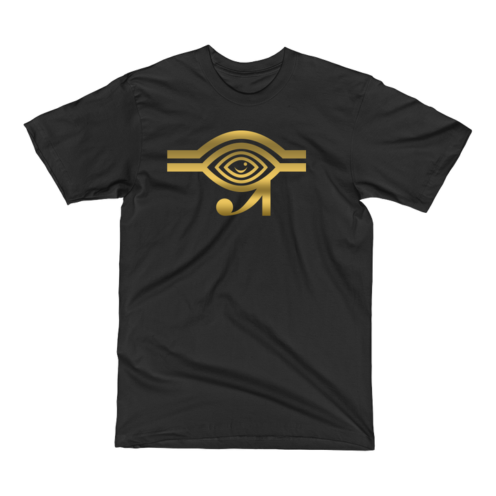 Black t-shirt with gold Eyeconic x Mally Mall Eye of Horus print