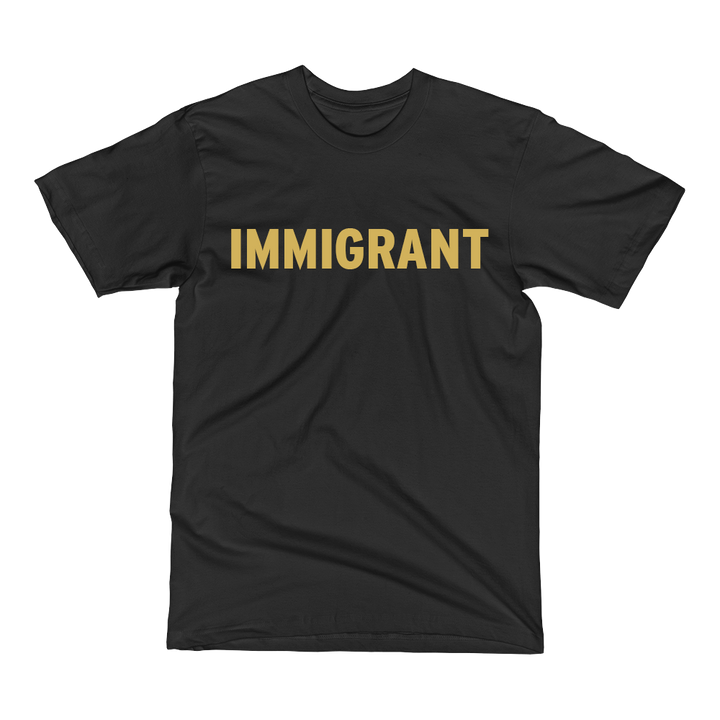 Black t-shirt with gold immigrant print