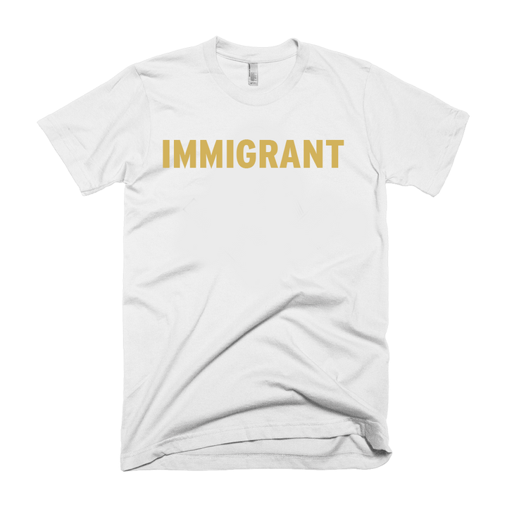 White t-shirt with gold immigrant print