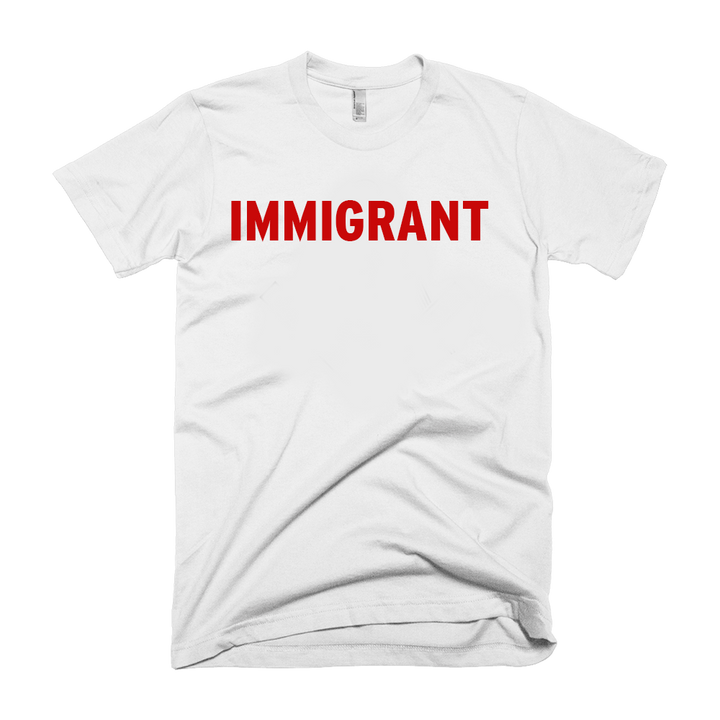 White t-shirt with red immigrant print