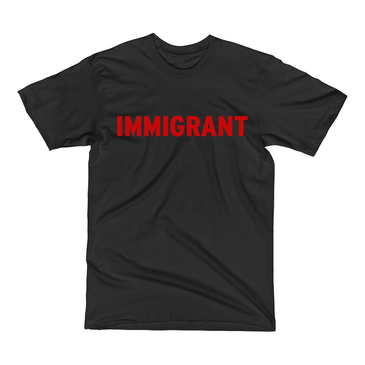 Black t-shirt with red immigrant print