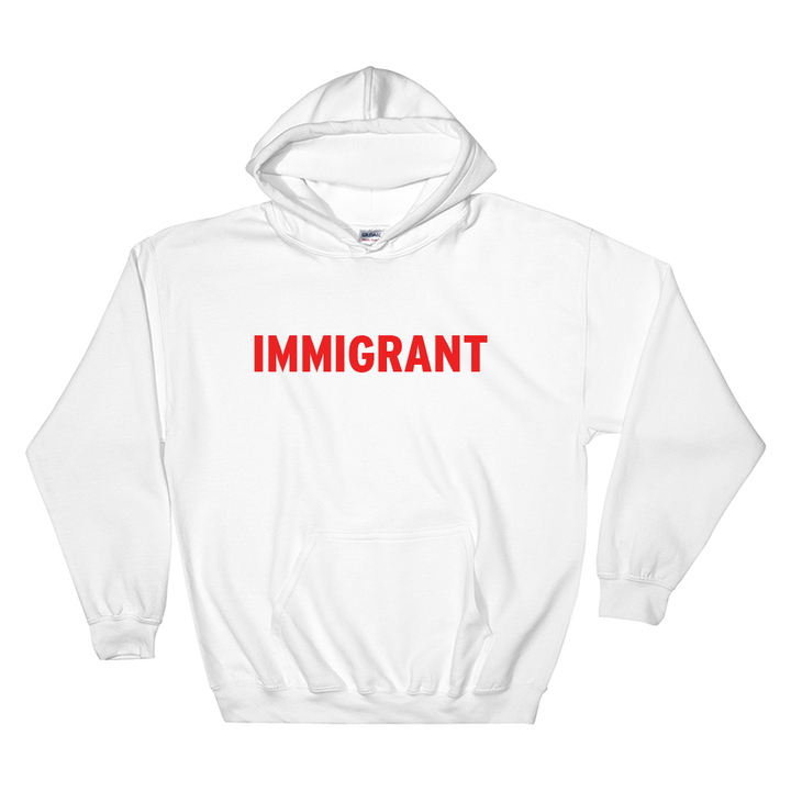 White hoodie with red immigrant print