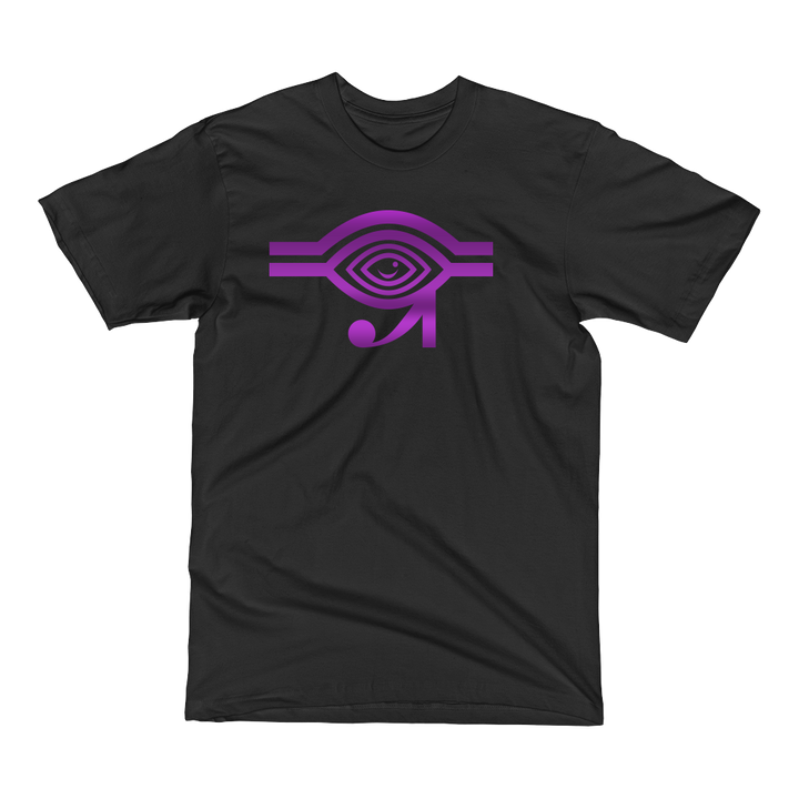 Black t-shirt with purple Eyeconic x Mally Mall Eye of Horus print