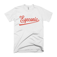 White t-shirt with red Eyeconic baseball logo signature print