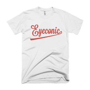White t-shirt with red Eyeconic baseball logo signature print